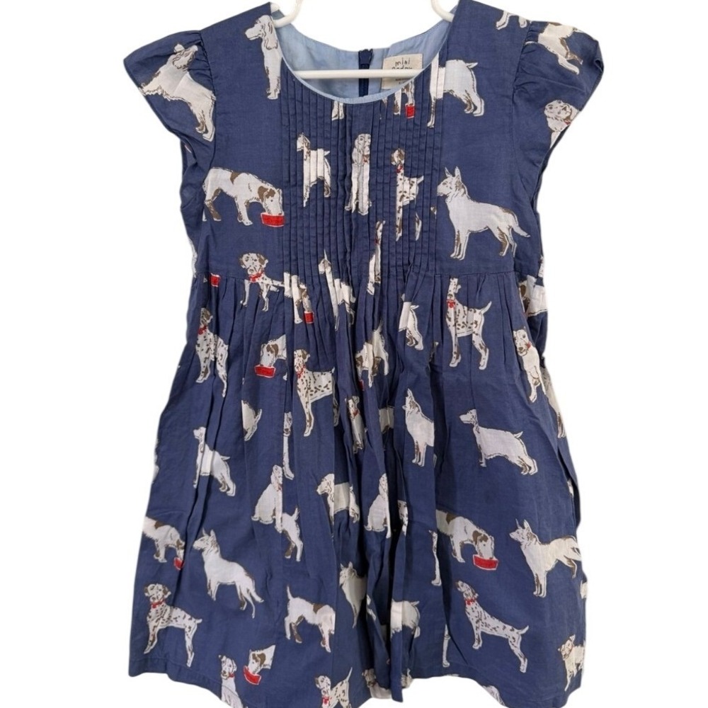 Mini Bodenβ Girls Blue Cotton Dog Print Pintuck Dress Size 6-7Y 122cm